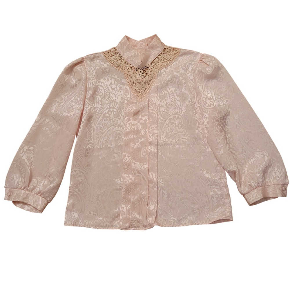 At Once L Pink Blouse Jacquard Paisley Lace Mock Neck Vintage Romantic Top